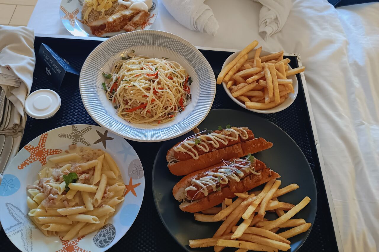 heute genießen wir Mittagessen auf dem Zimmer, es ist total lecker, unter anderem Hot Dog mit Sauerkraut !